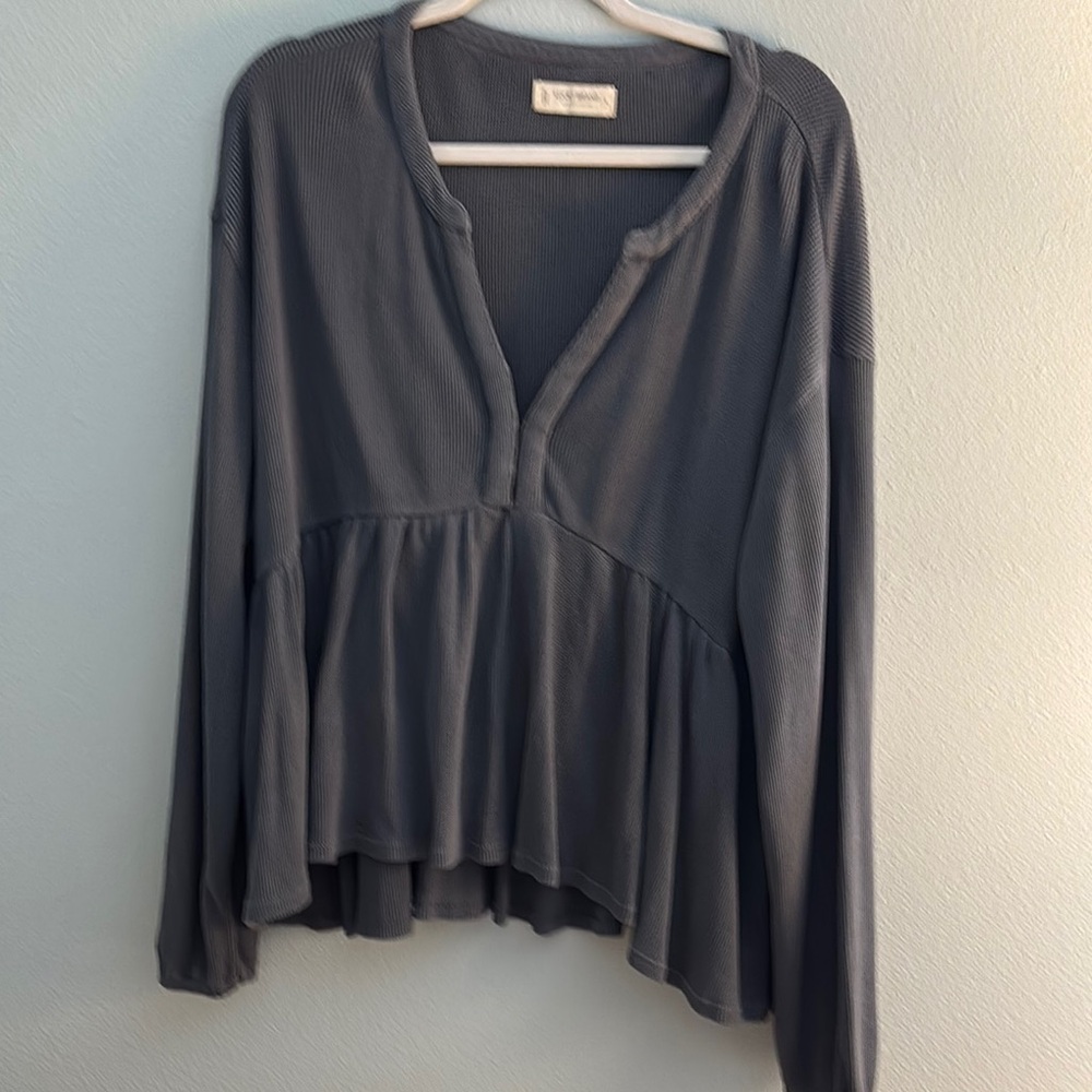 Lucky Brand Gray Peplum Blouse with Mandarin Collar